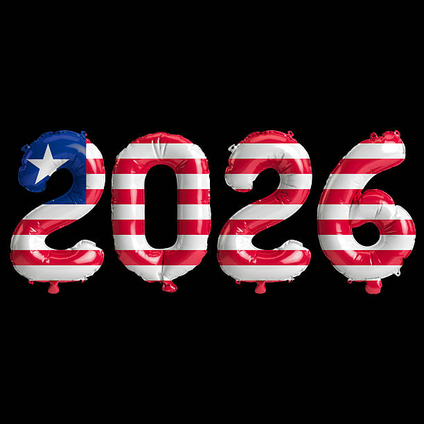 istock Liberia flag colors 2026 3d illustration, balloon numbers 3d rendering on black background 2243672344