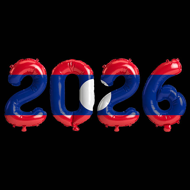 istock Laos flag colors 2026 3d illustration, balloon numbers 3d rendering on black background 2243672345