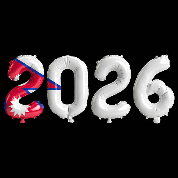 istock Nepal flag colors 2026 3d illustration, balloon numbers 3d rendering on black background 2243672745