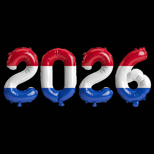 istock Netherlands flag colors 2026 3d illustration, balloon numbers 3d rendering on black background 2243672747