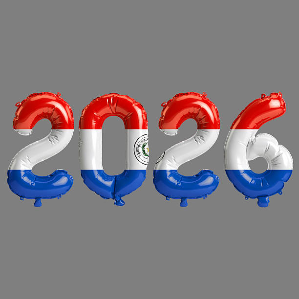istock Paraguay flag colors 2026 3d illustration, balloon numbers 3d rendering on gray background 2243672912