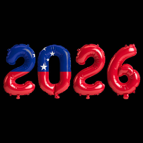 istock Samoa flag colors 2026 3d illustration, balloon numbers 3d rendering on black background 2243672971