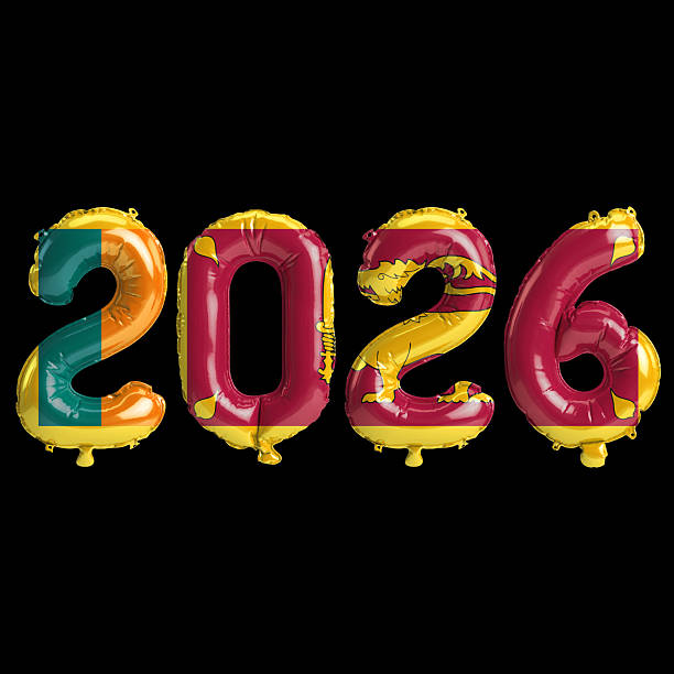istock Sri Lanka flag colors 2026 3d illustration, balloon numbers 3d rendering on black background 2243673301