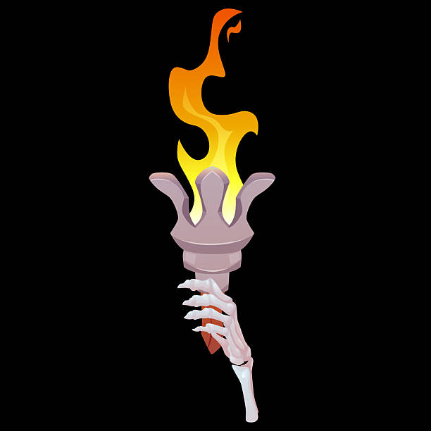 istock Medieval wooden torch with burning fire in skeleton hand, vector cartoon game creepy ancient flambeau, Halloween corpse 2243674338