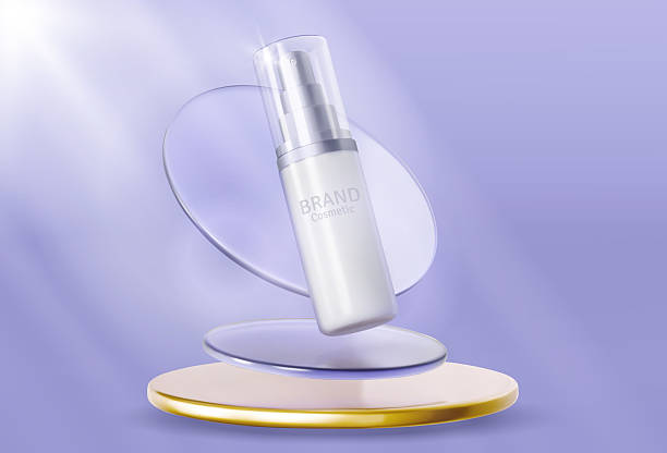 istock Cosmetic product ads template with glass plate.Beautiful cosmetic templates for ads, realistic 3d silver bottle on a light purple background. Beauty design for premium product 2243682981