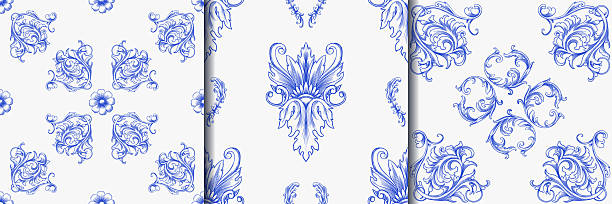 Vintage Baroque or renaissance Seamless pattern hand drawn Victorian set of ornament floral elements engraved retro flower decorative design heraldic swirls. Vector illustration