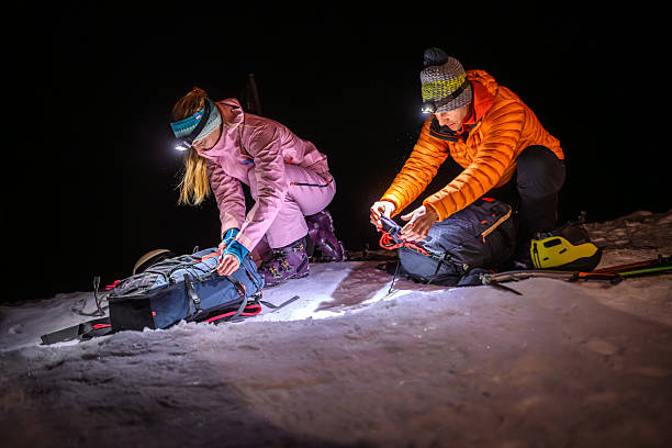 istock Climbers Preparing Gear on Snowy Mountain at Night 2243696958