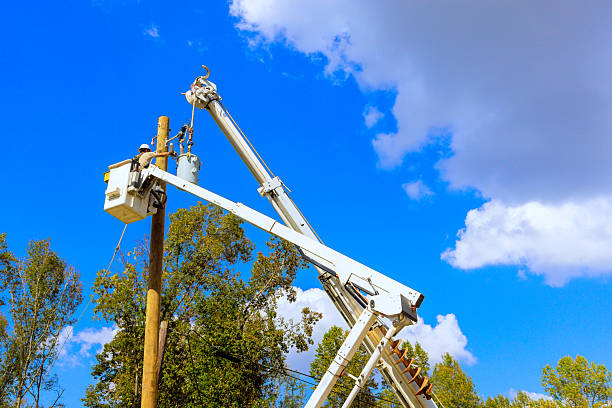 istock Utility worker repairs electrical equipment on pole under clear blue sky in suburban area 2243707786