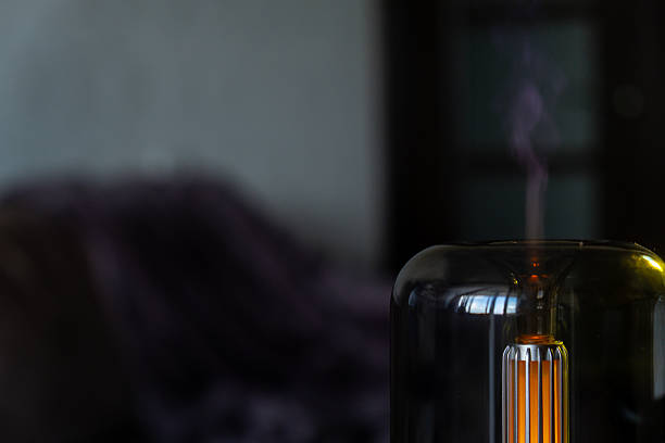 Home fragrance aromatic diffuser with essential oil. Modern air humidifier at home. Improving the comfort of wellbeing living in house. Ultrasonic aroma perfume steam technology
