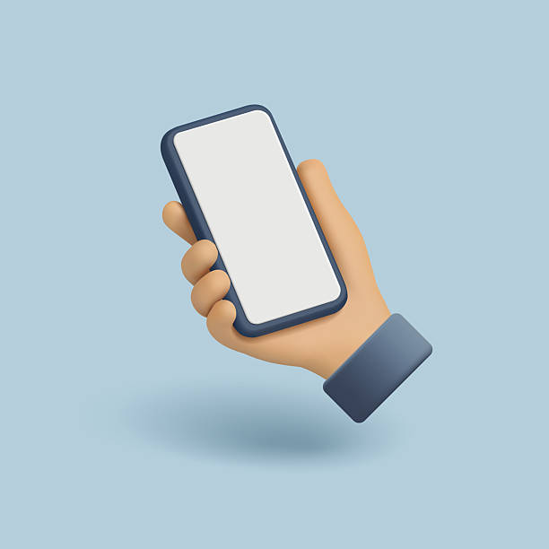istock Icon of a hand holding a smartphone, 3D, on a blue background. Application, app, web design, promotional offers. Blank screen. Mockup. Vector illustration. 2243713926