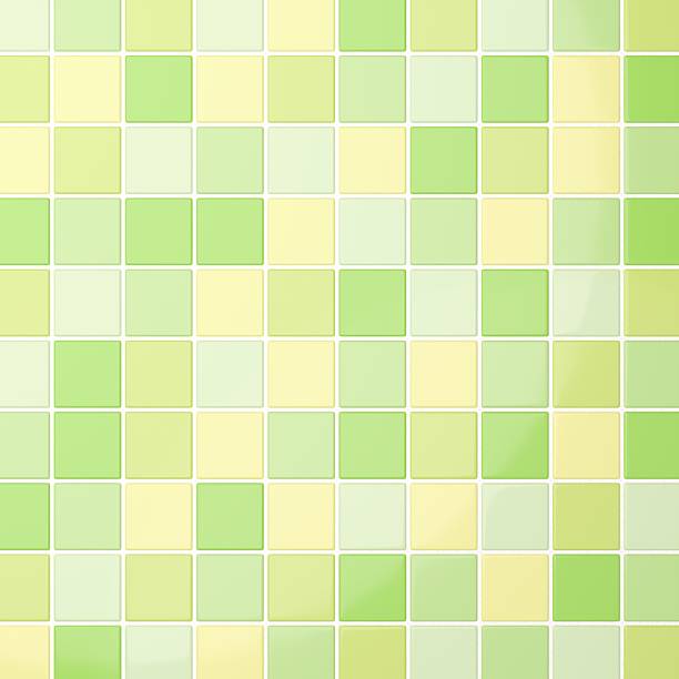 Green and yellow old-fashioned small tiles pattern background. Gresite. Full frame view suitable for background purposes. Muros, A Coruna province, Galicia, Spain. Antiquities.