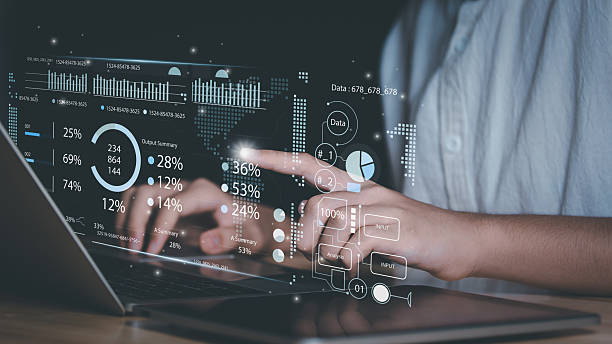 istock Business analyst use digital tablet and laptop, holographic financial dashboard, global data visualization, represent fintech innovation, AI-driven investment analysis, smart business growth strategy. 2243718445