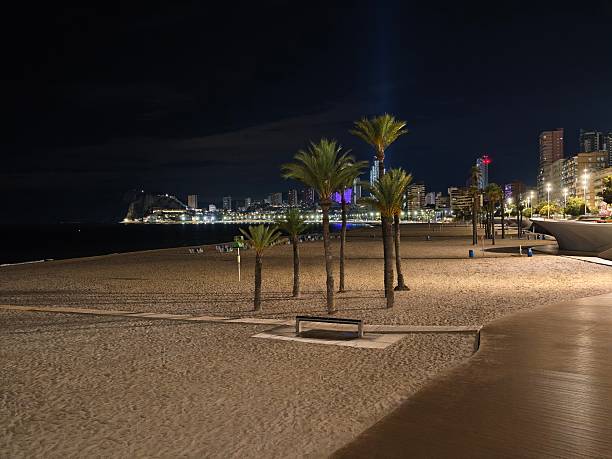 istock calm coastal view at night, quiet waterfront promenade illuminated by moon with distant city lights 2243720410