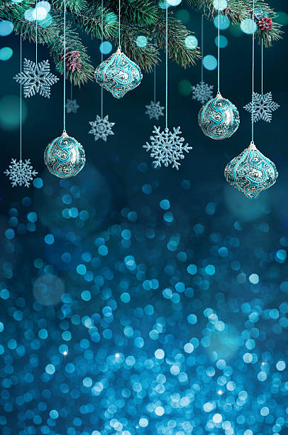 istock Blue Christmas background with hanging ornaments and snowflakes, copy space 2243727103