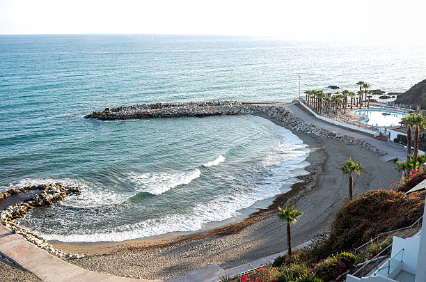 istock Serene coastal landscape featuring gentle waves lapping against a sandy beach, bordered by palm trees and rocky formations, creating a tranquil seaside atmosphere 2243730953