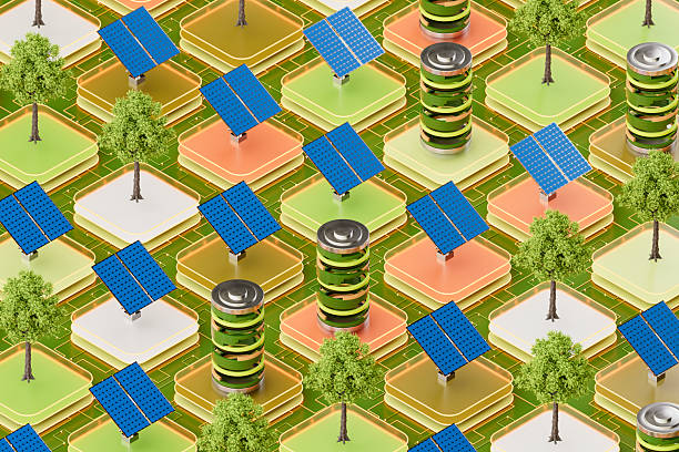 Batteries, Solar Panels and Green Trees on Blocks, Sustainable Energy Concept. This design represents the fusion of technology and natural materials, making it ideal for green energy, clean power, and environmental themes. Digitally generated image. 3d render.