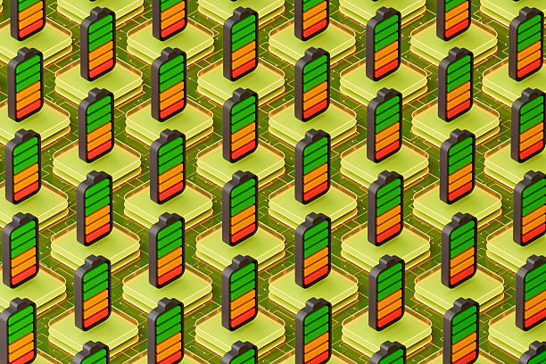 Batteries on Blocks, Sustainable Energy Concept. This design represents the fusion of technology and natural materials, making it ideal for green energy, clean power, and environmental themes. Digitally generated image. 3d render.