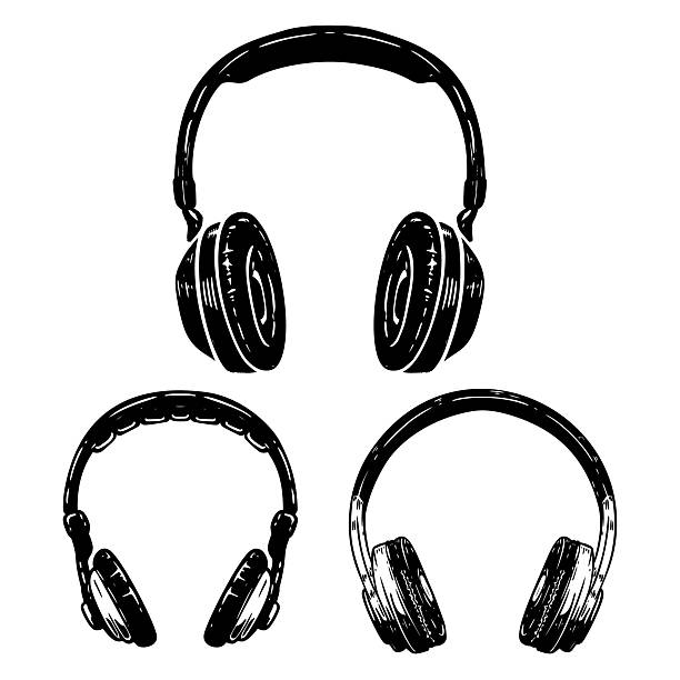 Set of illustrations of headphones. Design element for emblem, sign, badge. Vector headphones image