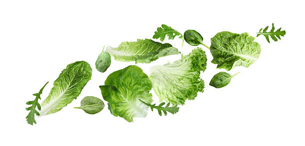 istock Fresh salad leaves flying against white background. Lettuce, spinach and arugula 2243735927