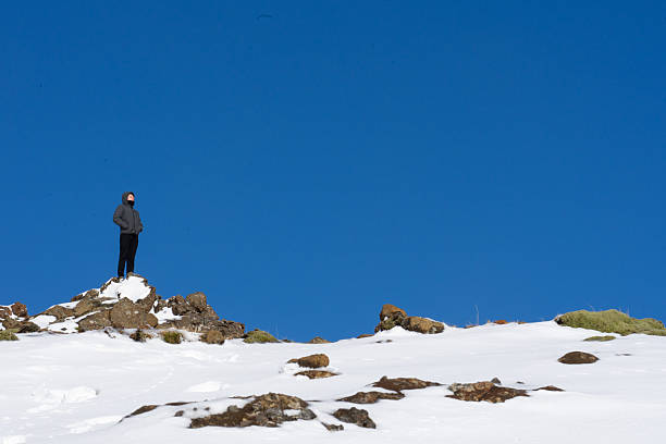 Man standing alone on a snow-covered peak, looking up at the vast clear blue sky
