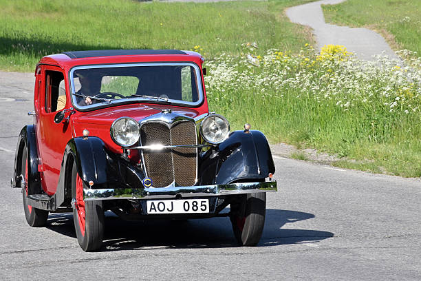 Stockholm, Sweden - June 04,2023: A fully restored Riley Kestrel from 1936, in a classic car cavalcade around the small island Djurgarden on the public road in Stockholm Sweden.