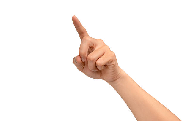 A hand with the index finger pointing up, isolated on a white background. This gesture can represent touching a virtual screen, selecting an option, or clicking an interface. Concept for technology, business, and interactive themes.