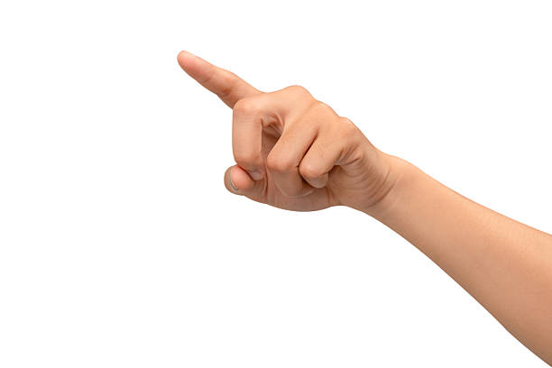 A hand with the index finger pointing up, isolated on a white background. This gesture can represent touching a virtual screen, selecting an option, or clicking an interface. Concept for technology, business, and interactive themes.