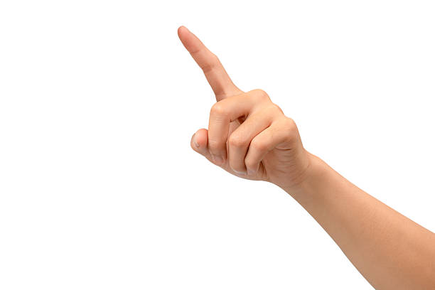 istock A hand with the index finger pointing up, isolated on a white background. This gesture can represent touching a virtual screen, selecting an option, or clicking an interface. Concept for technology, business, and interactive themes. 2243738017