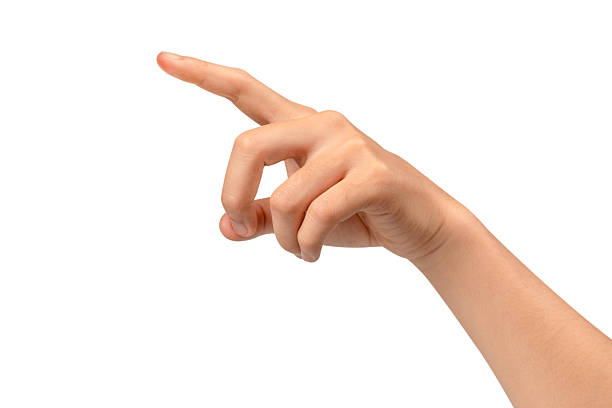 A hand with the index finger pointing up, isolated on a white background. This gesture can represent touching a virtual screen, selecting an option, or clicking an interface. Concept for technology, business, and interactive themes.