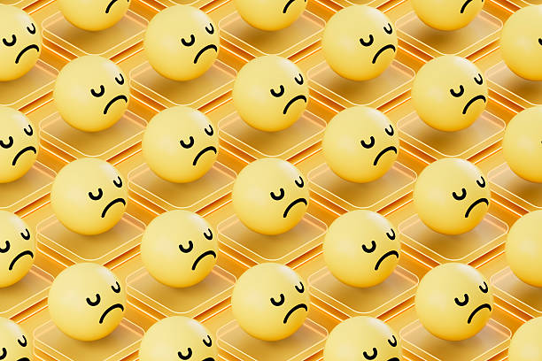 Emojis with Sad Face on Glass Blocks. Digitally Generated Image. 3d render.