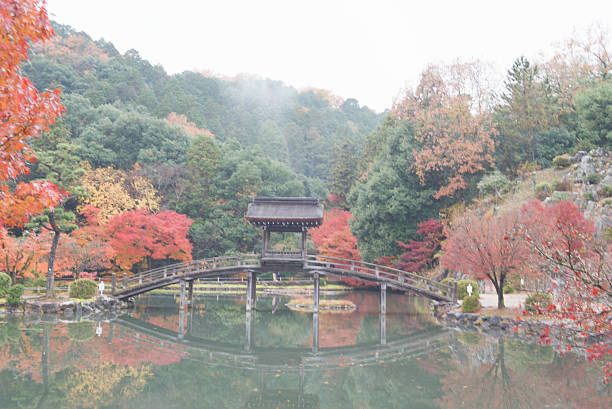 Kokeizan Eihoji Temple, Dec 06, 2024: Mukyo Bridge reflecting on Wolong Pond surrounded by red and orange maple trees in Kokeizan Eihoji Zen Temple in Tajimi, Gifu, Japan.