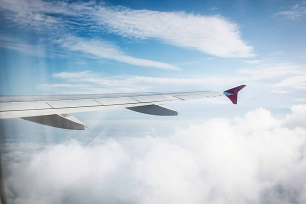 istock The image shows an airplane wing viewed from a passenger window seat. The sky is partially cloudy with blue sky visible, and sunlight is illuminating the scene, suggesting it could be daytime. The wingtip is visible, and it has a red-colored end, which 2243742378