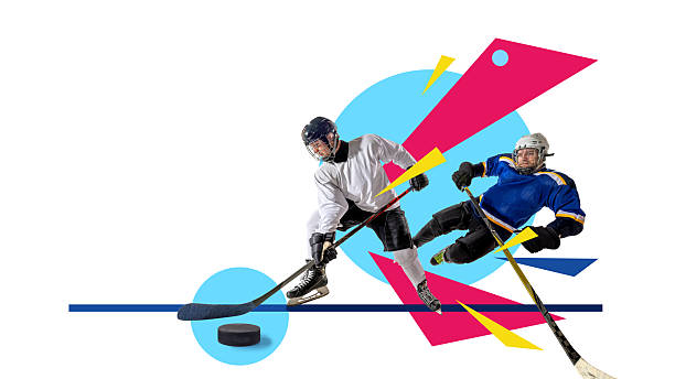 istock Modern collage. Two hockey players in fast motion on colorful abstract surface 2243742943