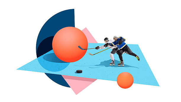 istock Creative collage. Two hockey players in dynamic struggle on geometric background symbolizing teamwork and power 2243742948