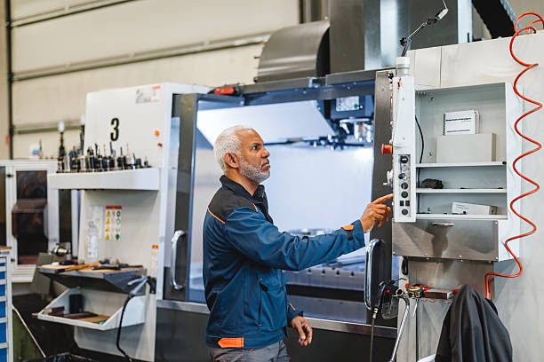 istock Focused Mature Hispanic Technician Operating CNC Equipment in Industrial Workshop 2243745467