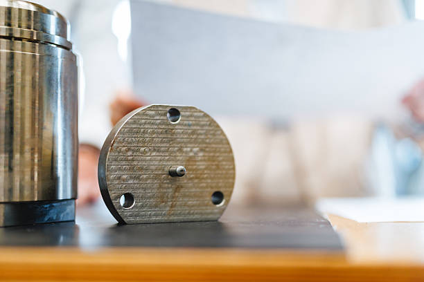 Metal component with precise machined holes resting on an engineering desk. The surface displays detailed textures, indicating high-quality craftsmanship. Nearby, an out-of-focus person holds a document, suggesting an ongoing analysis or review of the component's specifications.