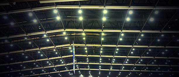 Ceiling light bulbs in the exhibition hall in Bangkok, Architecture background