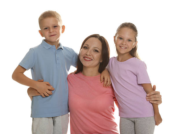 Mother with her lovely children on white background
