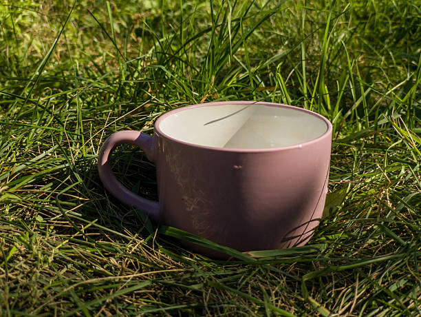 istock Pink coffee cup sitting in grass on ground 2243747879