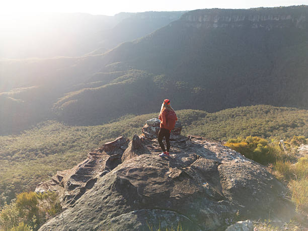 istock Woman on rock with backlit  sun filled valley 2243752993