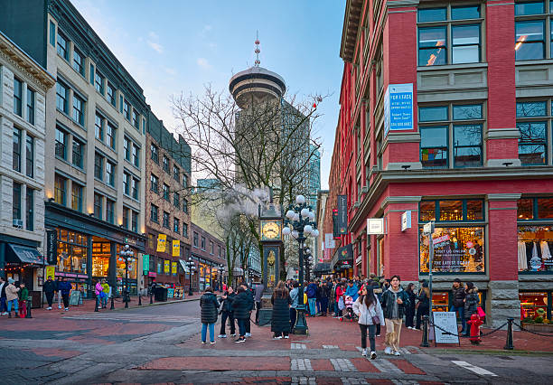 Vancouver, British Columbia, Canada - December 26, 2023.  People walk around the Gastown area. Water Street. Christmas season.