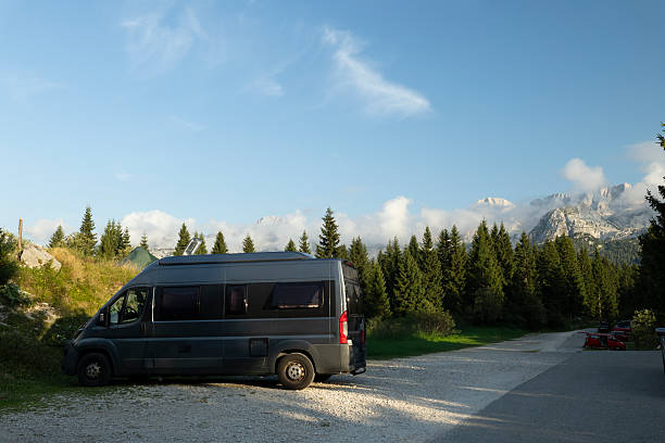 Camper van parked in a gravel parking area surrounded by pine trees and mountains
