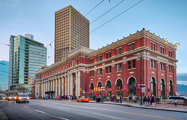 Vancouver, British Columbia, Canada - December 26, 2023. Formerly the main railway station, it now houses a major multimodal public transportation terminal. West Cordova Street.