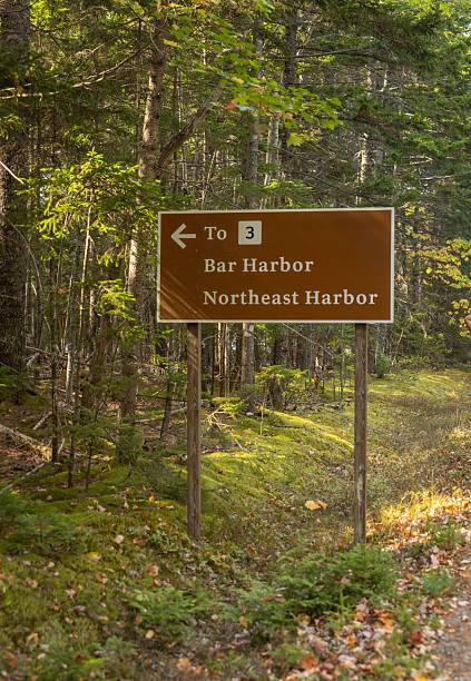 istock Road sign to Bar Harbor in a forest setting. 2243764296