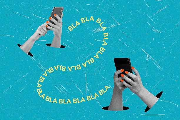 istock Engaging in digital conversations with animated text on a vibrant blue background showcasing hands with smartphones 2243769537