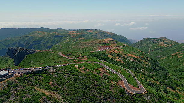 istock Majestic mountain slopes drone view. Curved road stretching on green slopes 2243769728