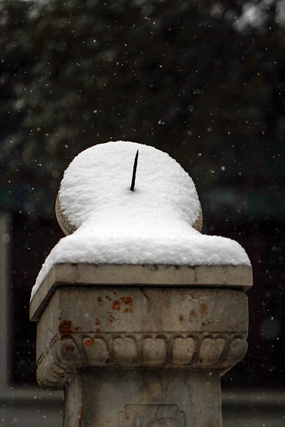 istock Snow-covered ancient sundial in a snowy scene 2243774805