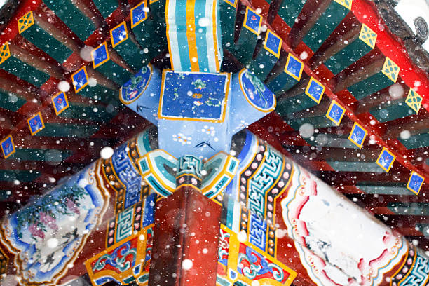 Snow is gently falling on an ornate traditional Chinese architectural detail with colorful carvings and patterns.