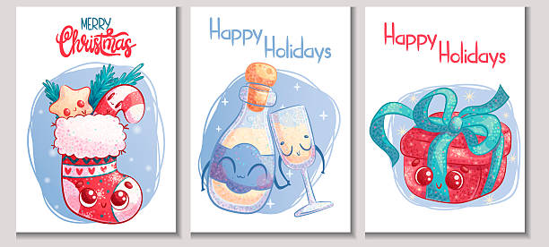 istock A set of greeting card design templates for Christmas and new year. Cute gift box, gift sock, bottle and glass of champagne. Smiling characters. Children's vector cartoon illustration 2243775104