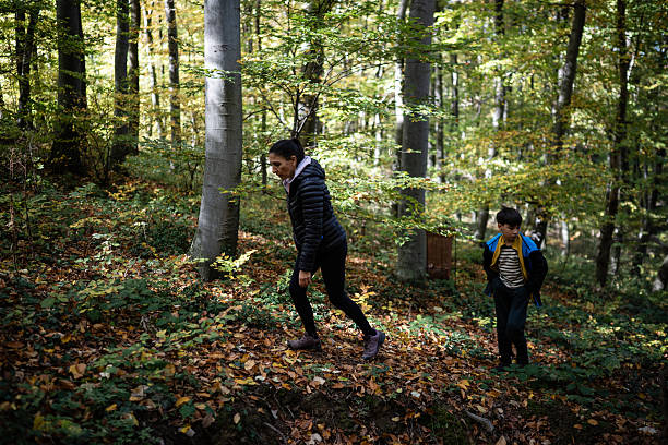 istock Mother son hiking in autumn forest path 2243776546